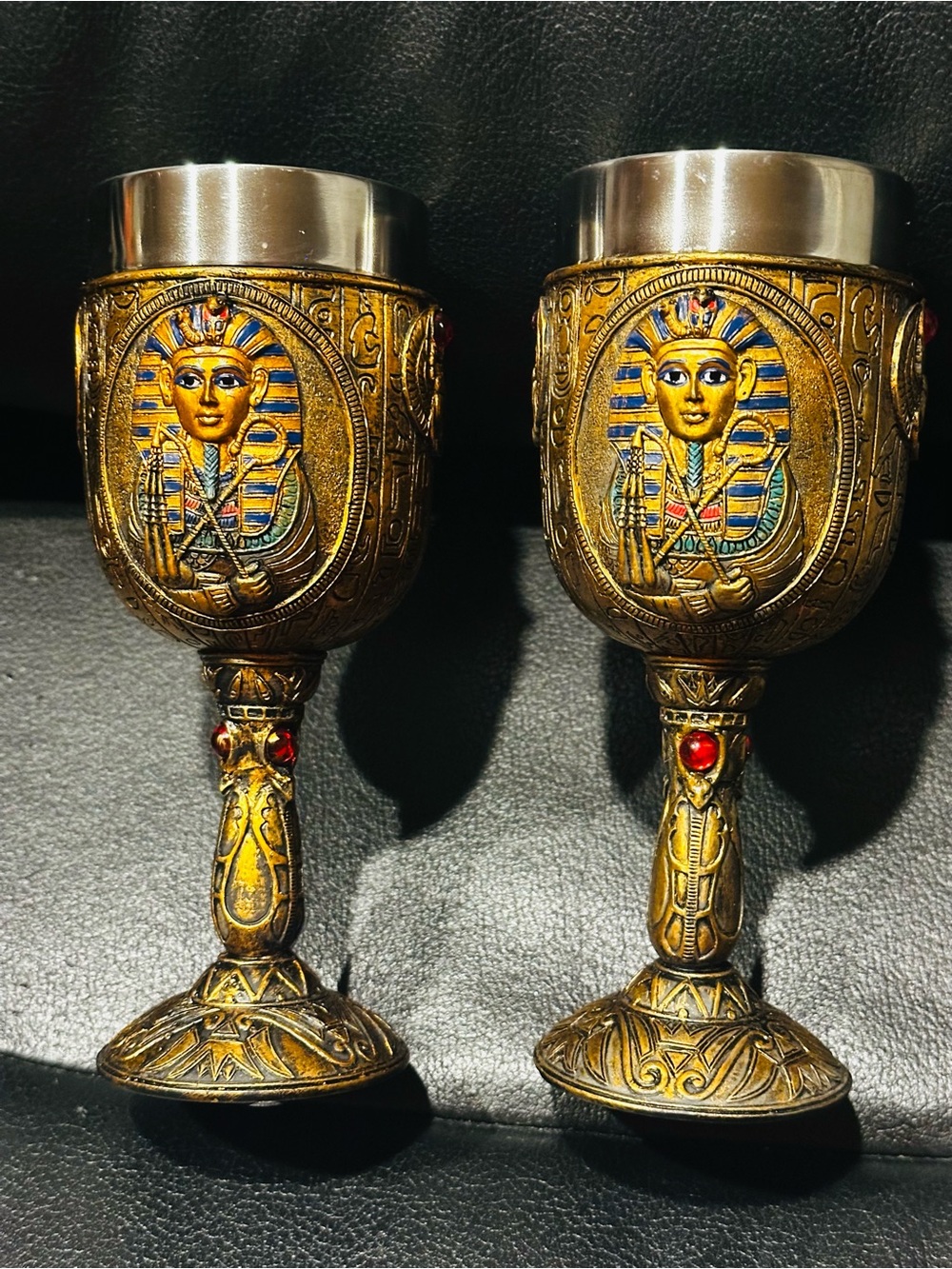 Pacifica Gold Egyptian Pharaoh Goblet Pair with Blue and Red Accents